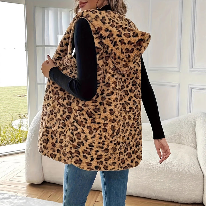Damer mysig väst med huva och leopardmönster Mirla-Eva Jonsson