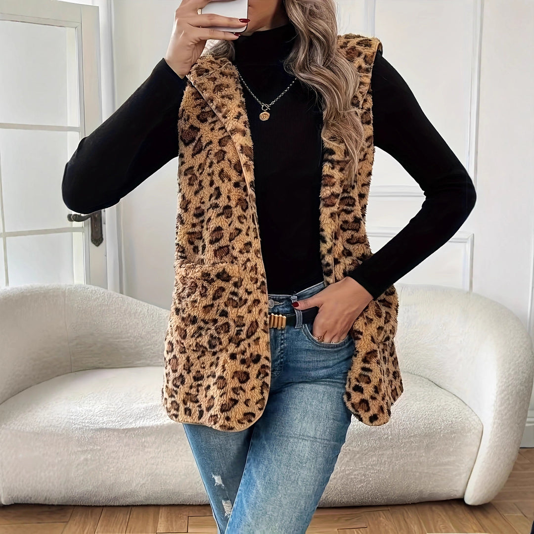 Damer mysig väst med huva och leopardmönster Mirla-Eva Jonsson