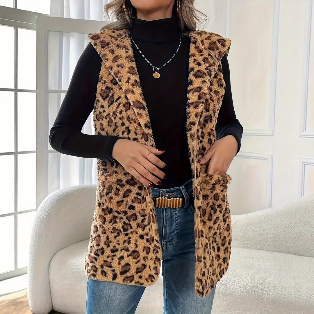 Damer mysig väst med huva och leopardmönster Mirla-Eva Jonsson