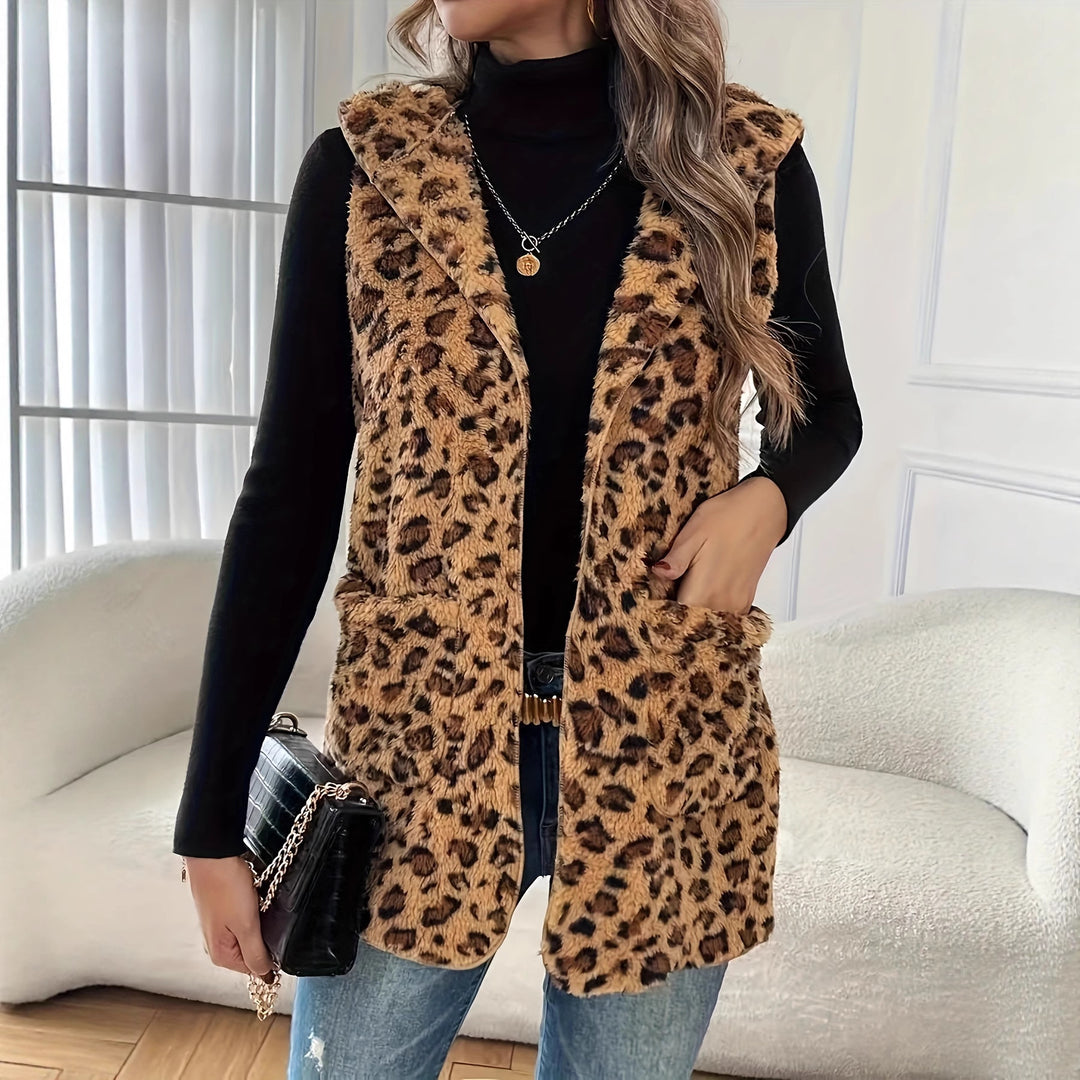 Damer mysig väst med huva och leopardmönster Mirla-Eva Jonsson