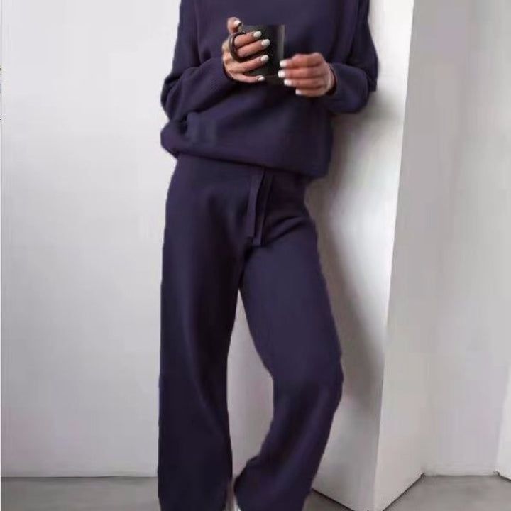 Damer mysiga stickade loungewear-set med vida byxor och elegant rundhalsringning Mirla-Eva Jonsson