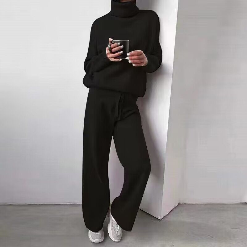 Damer mysiga stickade loungewear-set med vida byxor och elegant rundhalsringning Mirla-Eva Jonsson