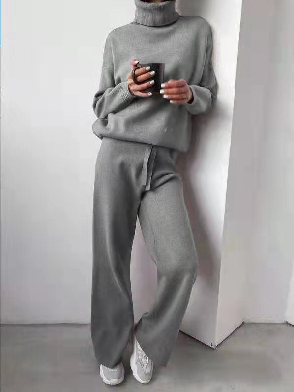 Damer mysiga stickade loungewear-set med vida byxor och elegant rundhalsringning Mirla-Eva Jonsson