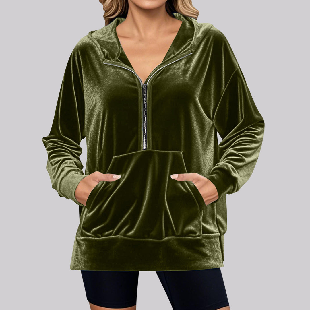 Damer mysigt fleece-hoodie med praktiska fickor och halv dragkedja Mirla-Eva Jonsson