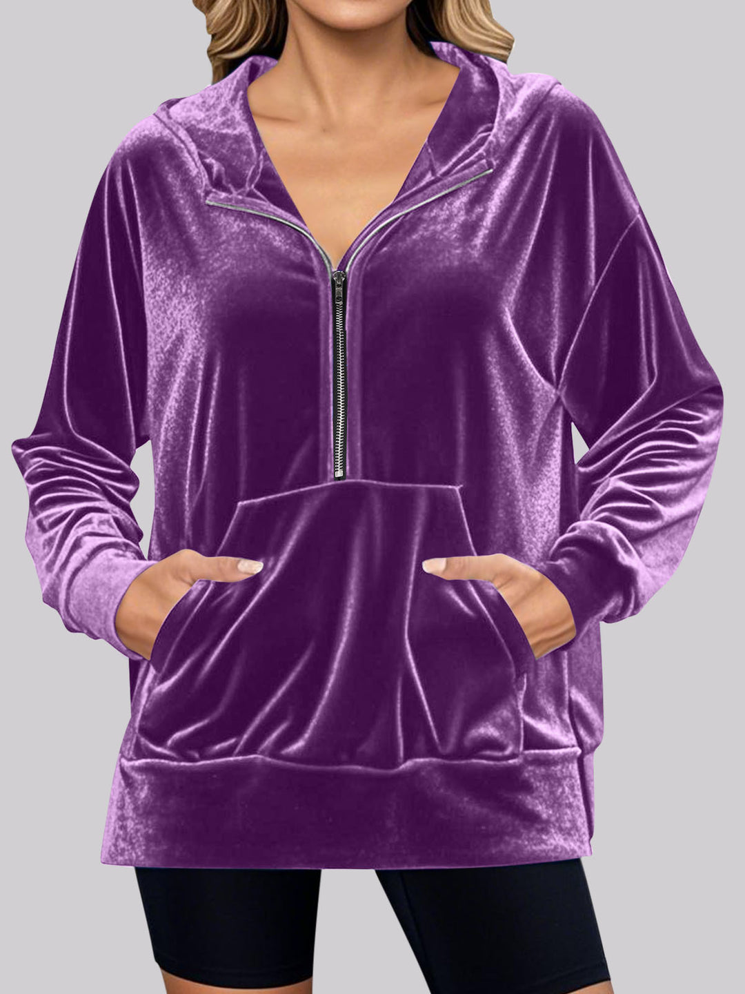 Damer mysigt fleece-hoodie med praktiska fickor och halv dragkedja Mirla-Eva Jonsson