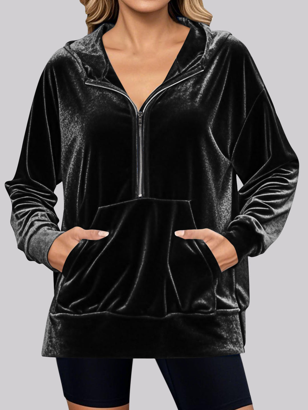Damer mysigt fleece-hoodie med praktiska fickor och halv dragkedja Mirla-Eva Jonsson