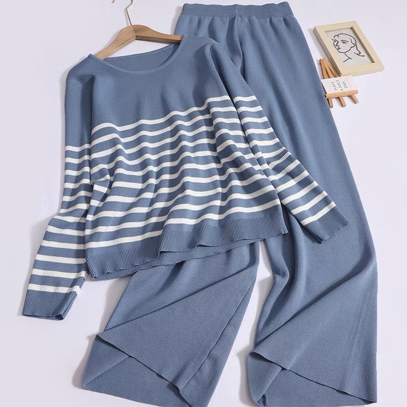 Damer mysigt stickat loungewear-set med randigt mönster Mirla-Eva Jonsson