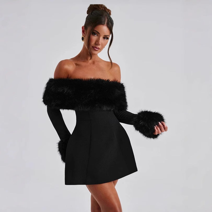Damer offshoulder dress med lyxigt foderdekoration och svängande kjol Mirla-Eva Jonsson