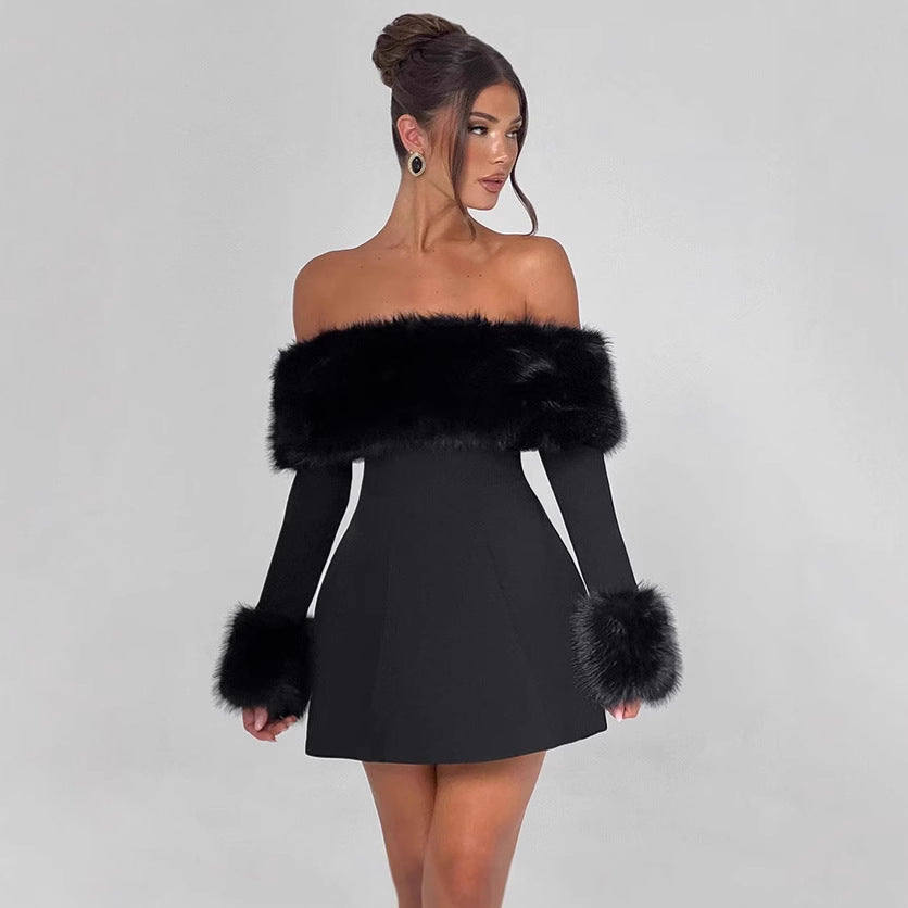 Damer offshoulder dress med lyxigt foderdekoration och svängande kjol Mirla-Eva Jonsson