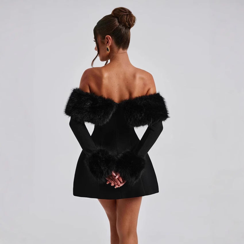 Damer offshoulder dress med lyxigt foderdekoration och svängande kjol Mirla-Eva Jonsson