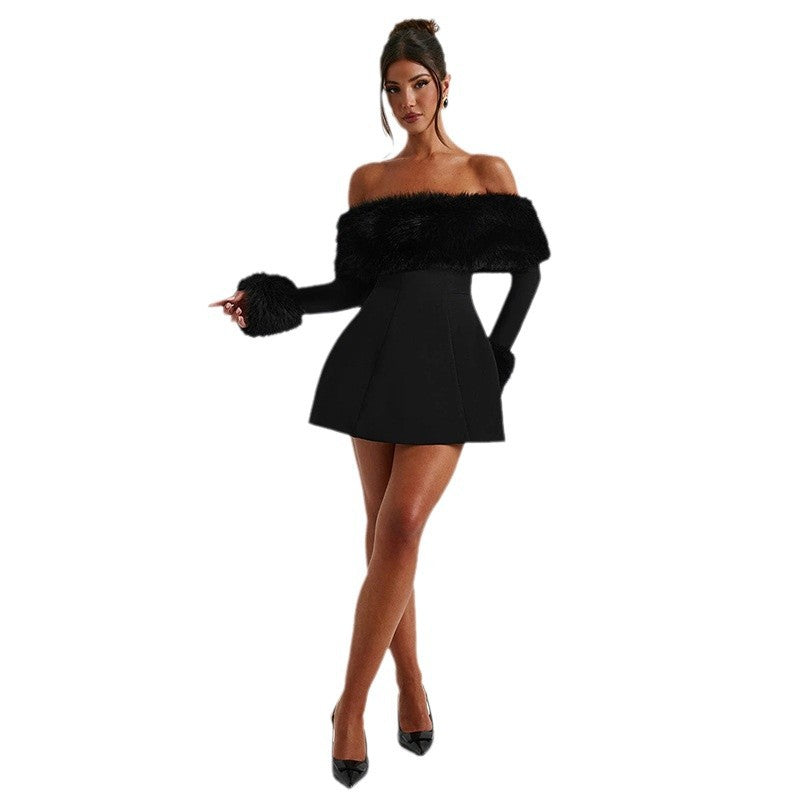 Damer offshoulder dress med lyxigt foderdekoration och svängande kjol Mirla-Eva Jonsson