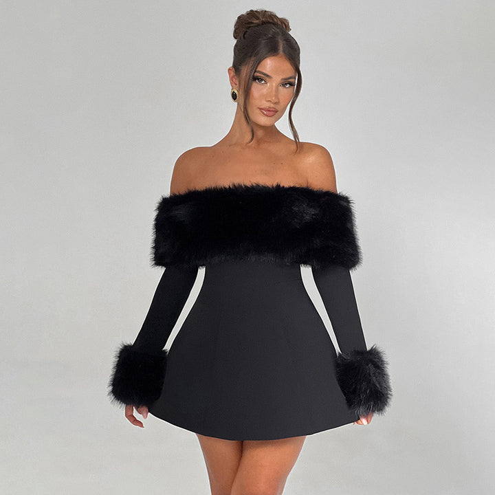 Damer offshoulder dress med lyxigt foderdekoration och svängande kjol Mirla-Eva Jonsson