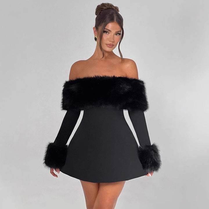 Damer offshoulder dress med lyxigt foderdekoration och svängande kjol Mirla-Eva Jonsson
