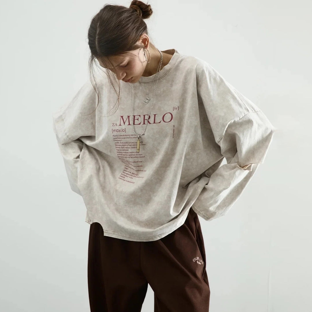 Damer oversized Longsleeve T-shirt med kreativ grafisk tryck Mirla-Eva Jonsson