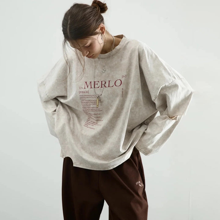 Damer oversized Longsleeve T-shirt med kreativ grafisk tryck Mirla-Eva Jonsson
