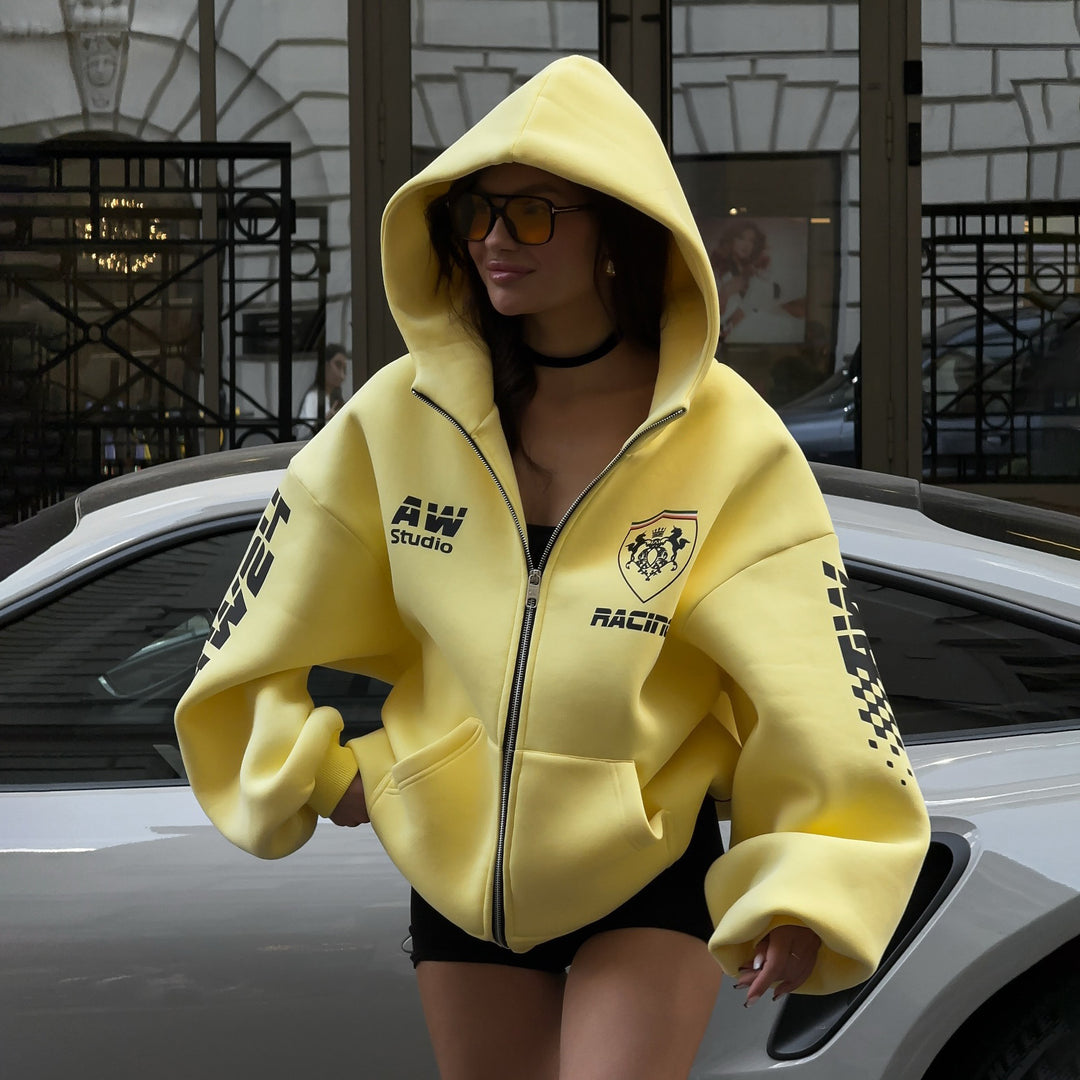 Damer oversized hoodiejacka med iögonenfallande tryck Mirla-Eva Jonsson