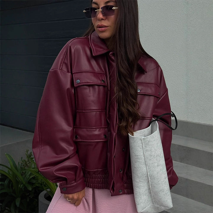 Damer oversized konstläderjacka med funktionella fickor och elastisk midja Eva Jonsson-Eva Jonsson