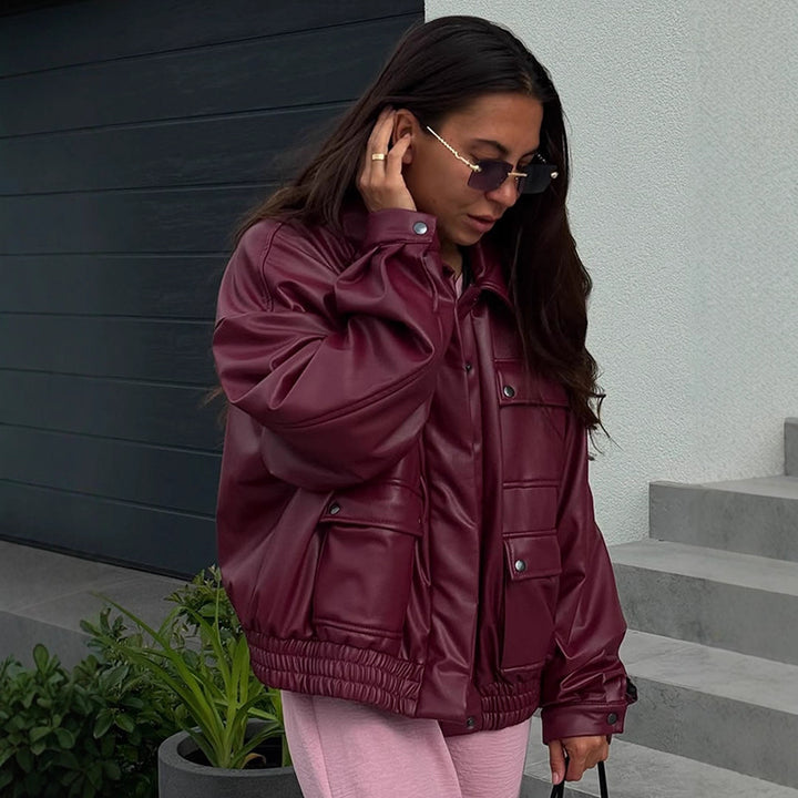 Damer oversized konstläderjacka med funktionella fickor och elastisk midja Eva Jonsson-Eva Jonsson
