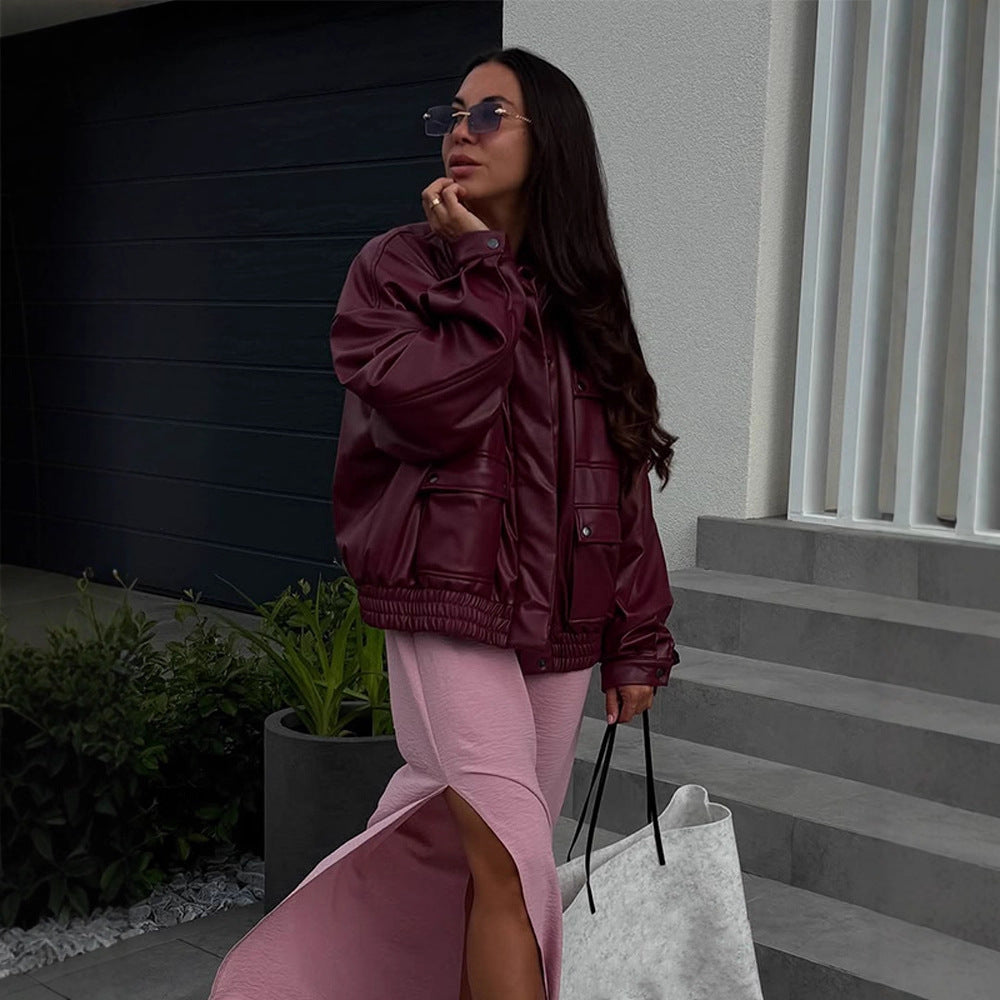 Damer oversized konstläderjacka med funktionella fickor och elastisk midja Eva Jonsson-Eva Jonsson