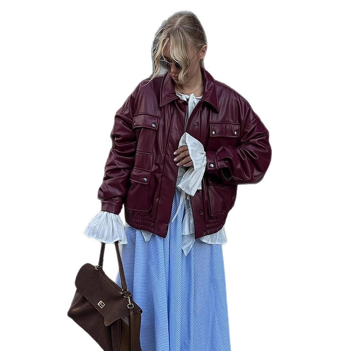 Damer oversized konstläderjacka med funktionella fickor och elastisk midja Eva Jonsson-Eva Jonsson