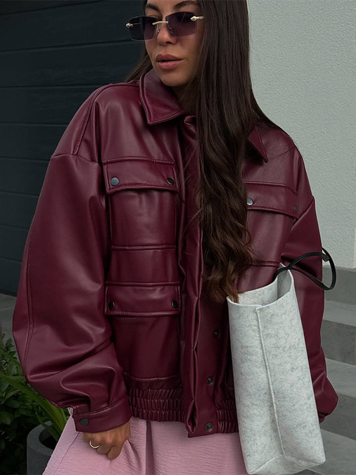 Damer oversized konstläderjacka med funktionella fickor och elastisk midja Eva Jonsson-Eva Jonsson