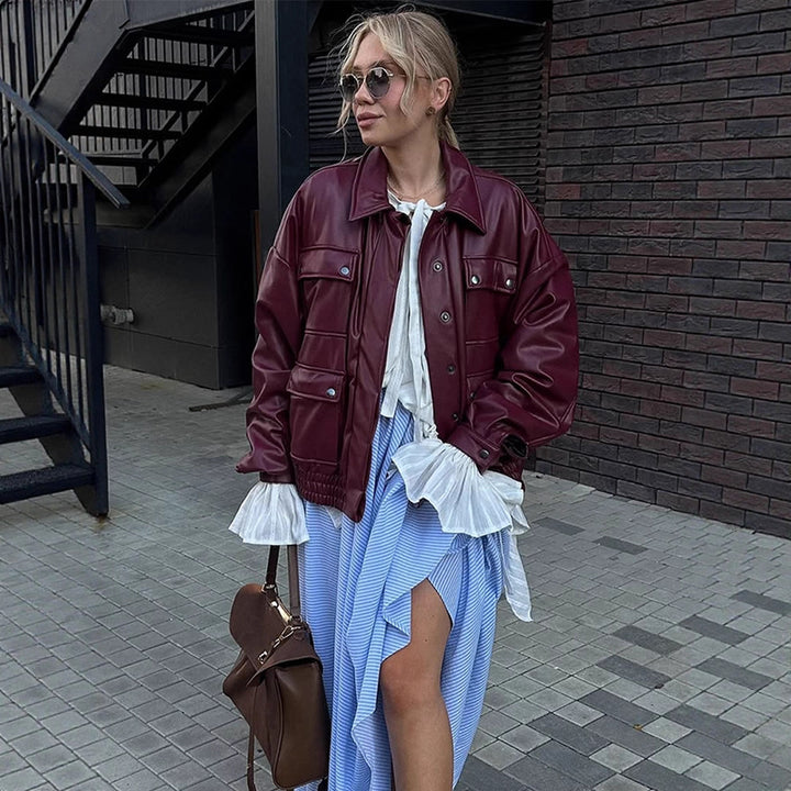 Damer oversized konstläderjacka med funktionella fickor och elastisk midja Eva Jonsson-Eva Jonsson