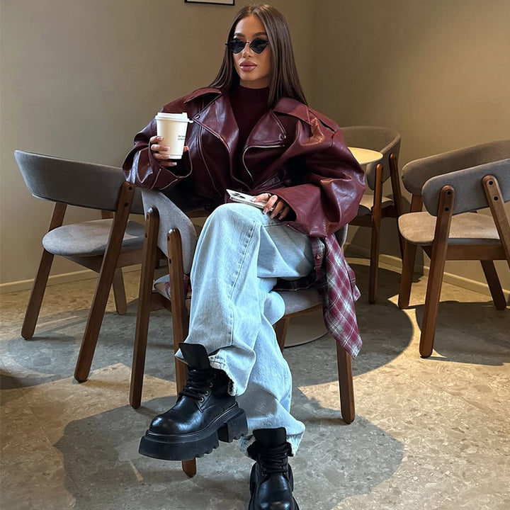 Damer oversized läderjacka med knytfransk Mirla-Eva Jonsson