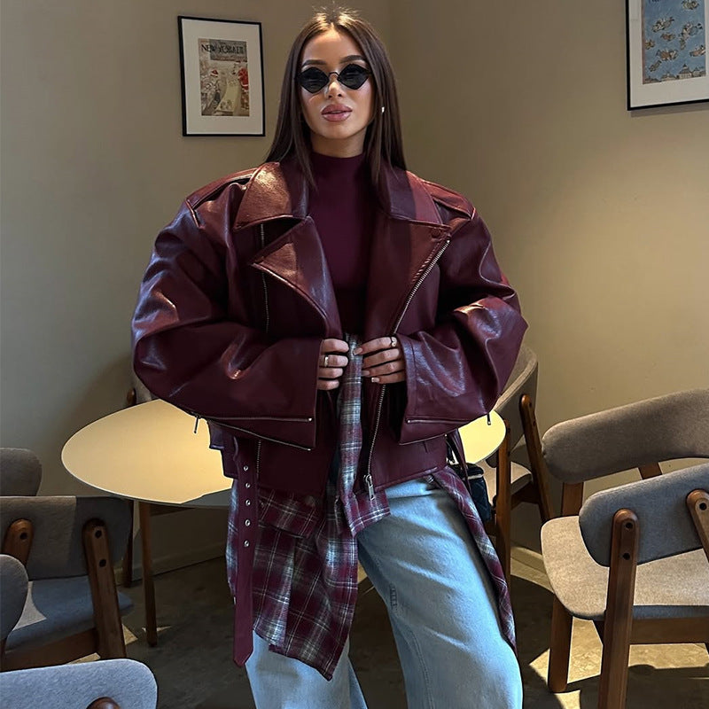 Damer oversized läderjacka med knytfransk Mirla-Eva Jonsson
