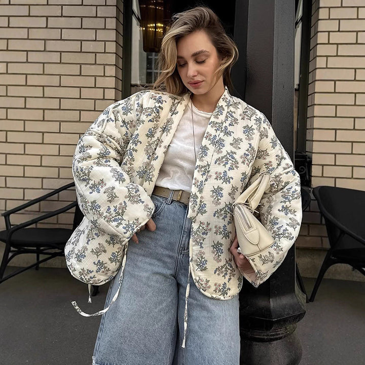 Damer quiltad jacquard cardigan med blommönster Mirla-Eva Jonsson