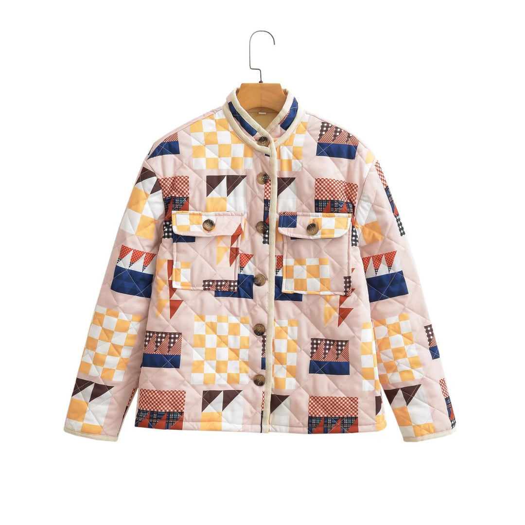 Damer quiltad övergångsjacka med färgglad patchwork-mönster och stora fickor Mirla-Eva Jonsson