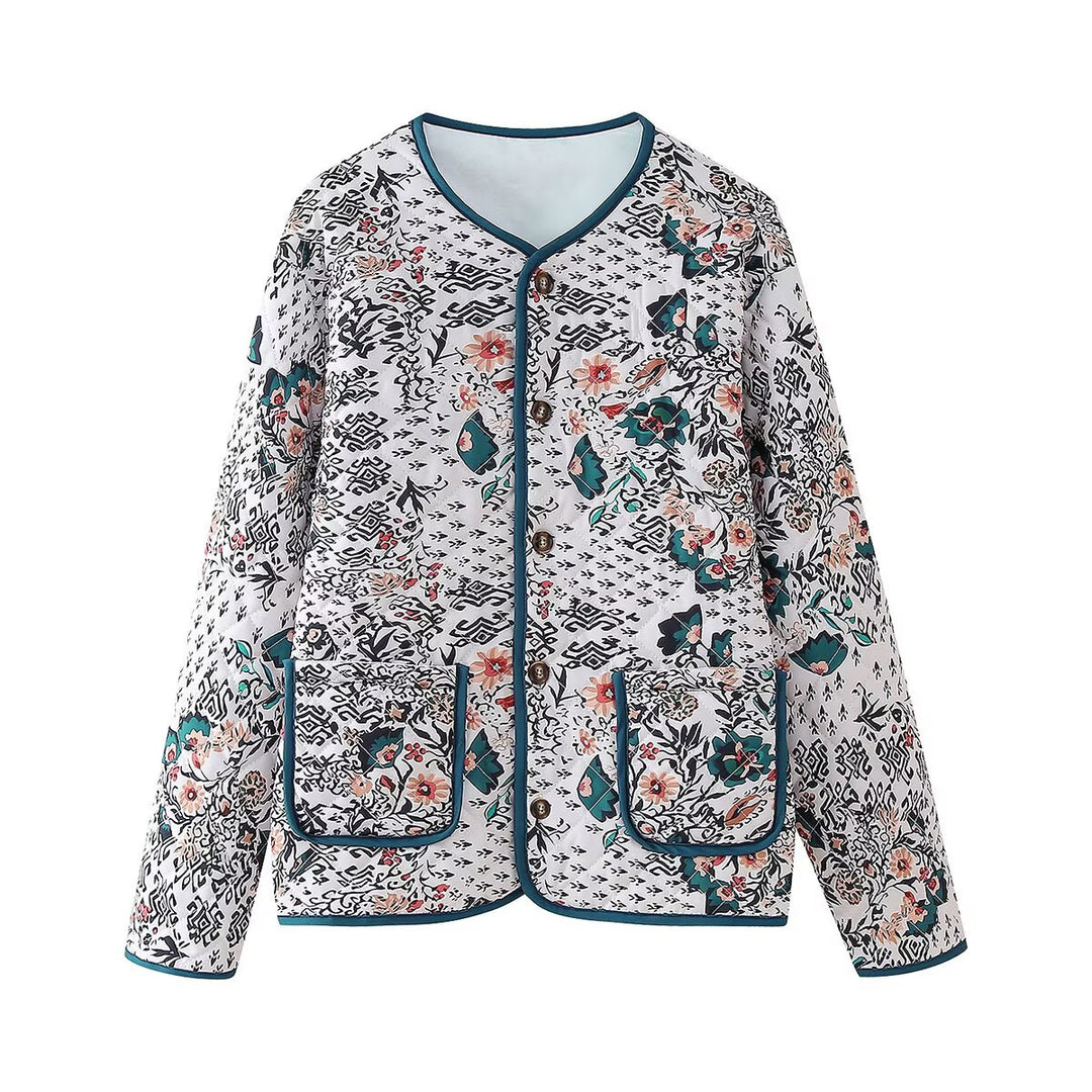Damer quiltad utomhusjacka med blommönster och praktiska fickor Mirla-Eva Jonsson