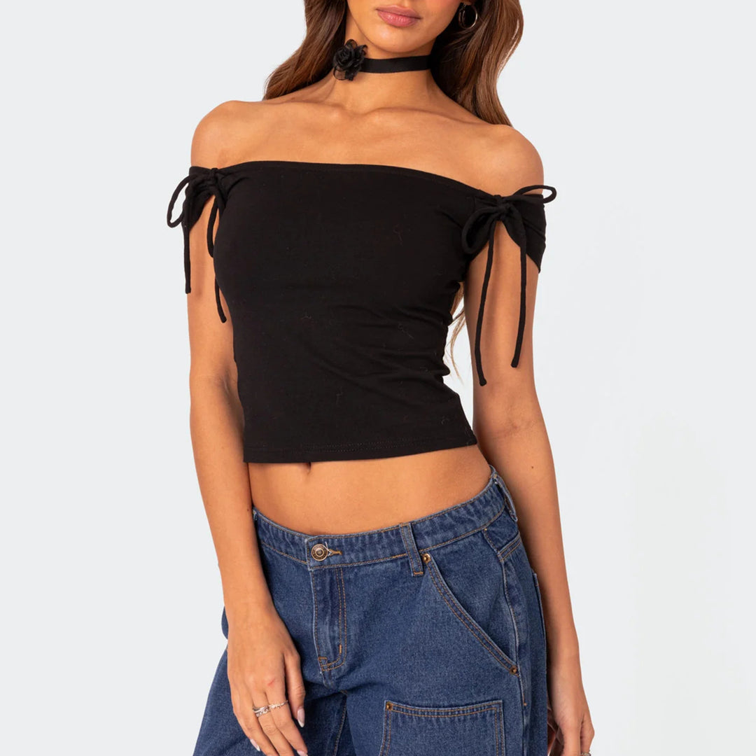 Damer raffinerat Off-Shoulder T-shirt med eleganta bindband Mirla-Eva Jonsson
