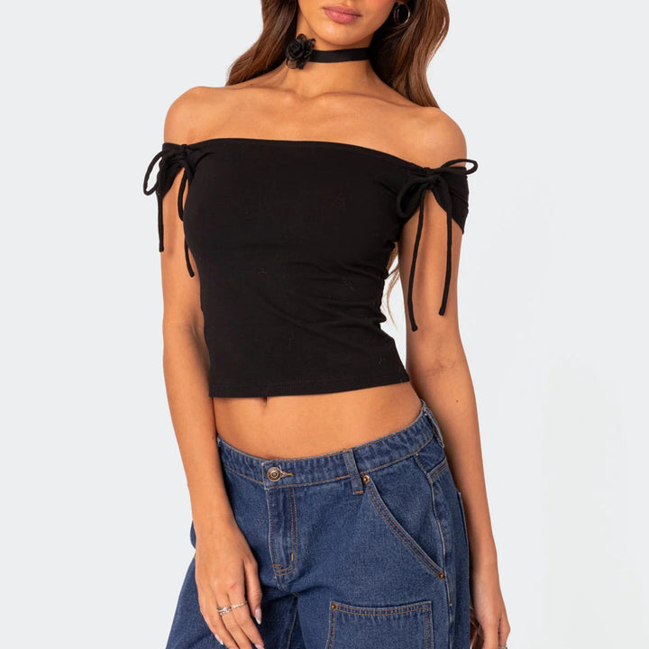Damer raffinerat Off-Shoulder T-shirt med eleganta bindband Mirla-Eva Jonsson