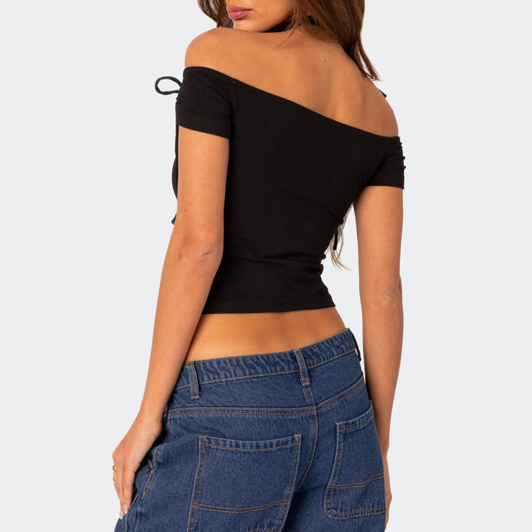 Damer raffinerat Off-Shoulder T-shirt med eleganta bindband Mirla-Eva Jonsson