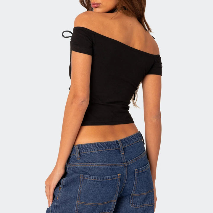 Damer raffinerat Off-Shoulder T-shirt med eleganta bindband Mirla-Eva Jonsson
