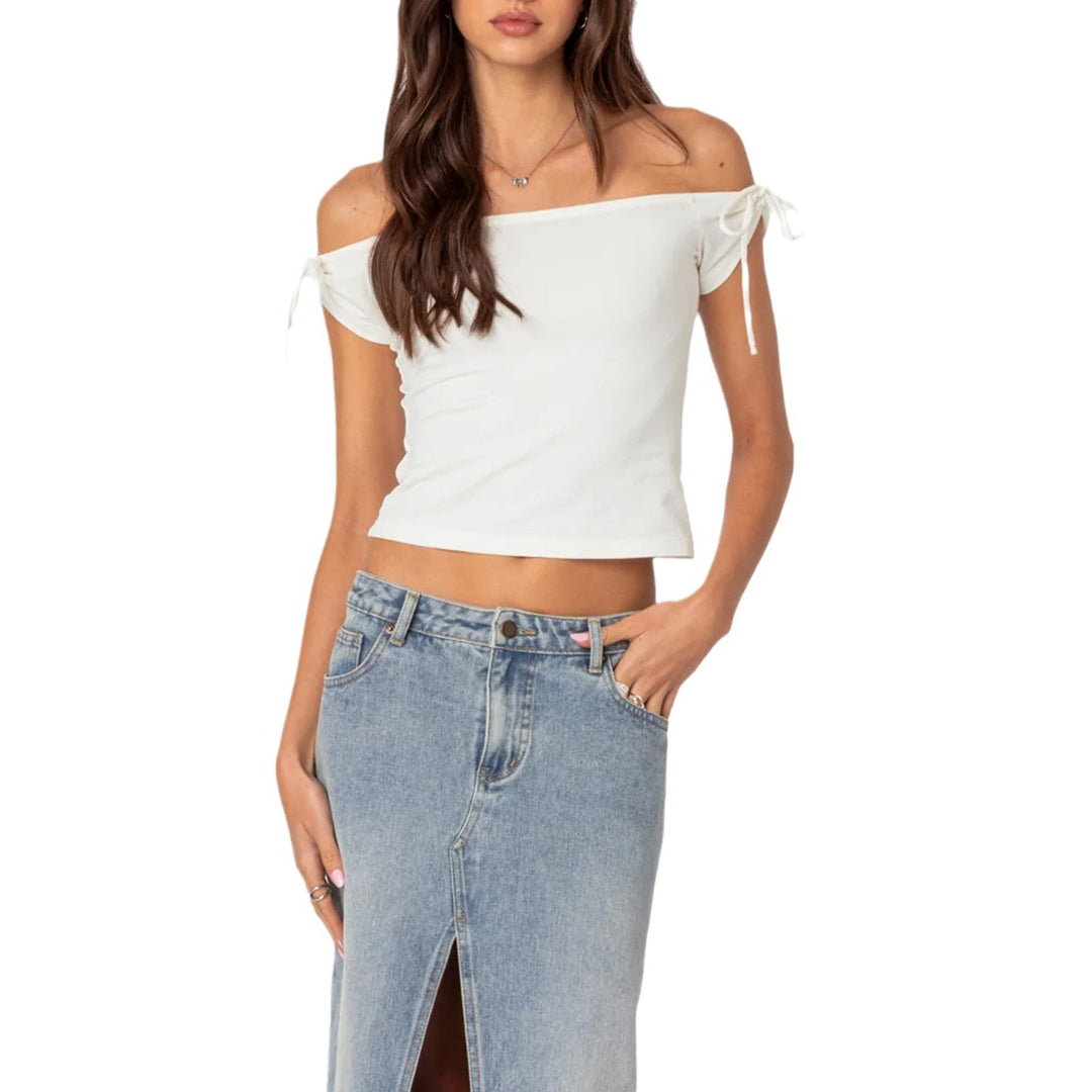 Damer raffinerat Off-Shoulder T-shirt med eleganta bindband Mirla-Eva Jonsson