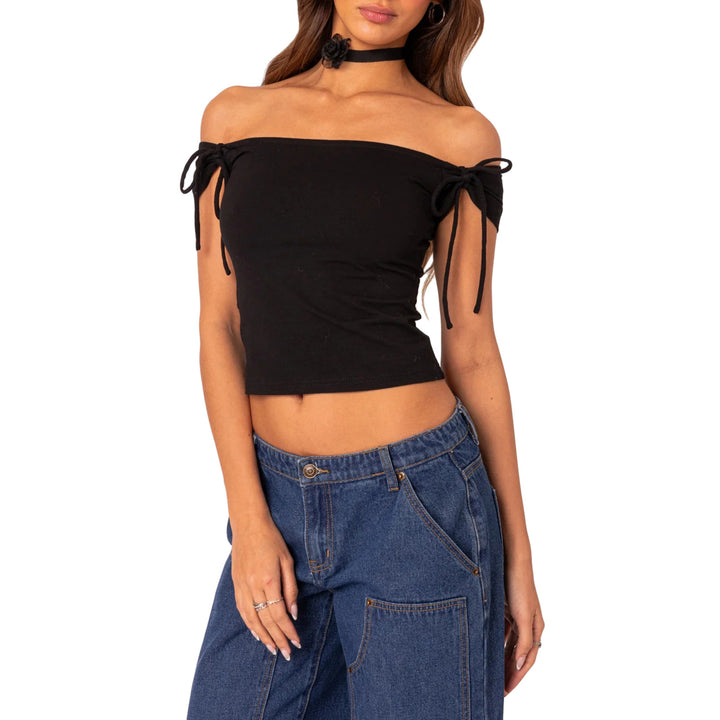 Damer raffinerat Off-Shoulder T-shirt med eleganta bindband Mirla-Eva Jonsson