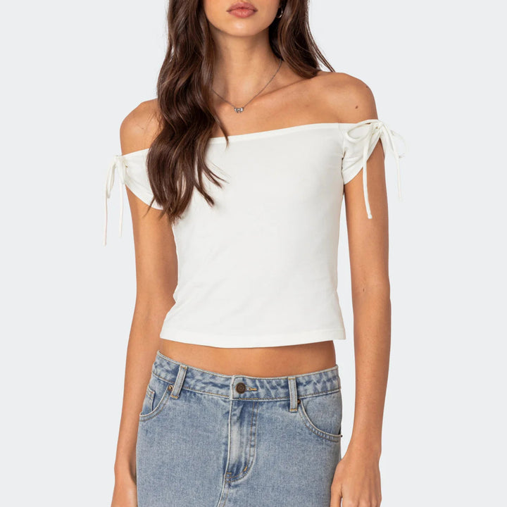 Damer raffinerat Off-Shoulder T-shirt med eleganta bindband Mirla-Eva Jonsson