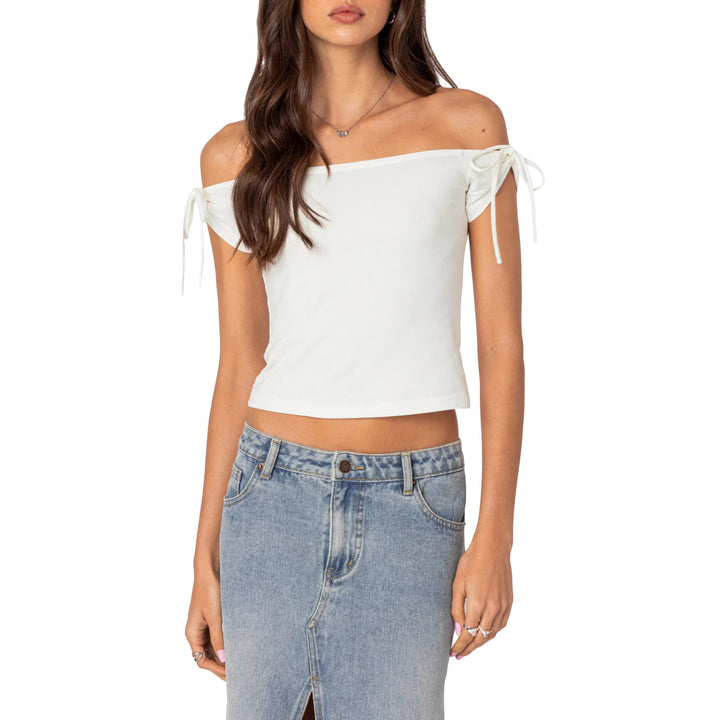 Damer raffinerat Off-Shoulder T-shirt med eleganta bindband Mirla-Eva Jonsson