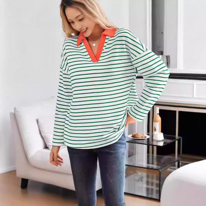 Damer randig Polo-Skjorta med V-hals och kontrasterande krage Mirla-Eva Jonsson
