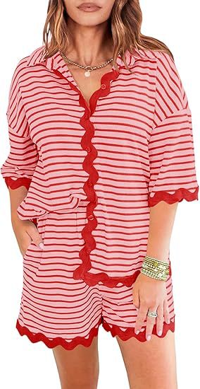 Damer randigt kort overall-set med vågkant Mirla-Eva Jonsson