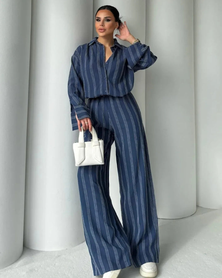 Damer randigt lounge-set med vida byxor och lös blus Mirla-Eva Jonsson