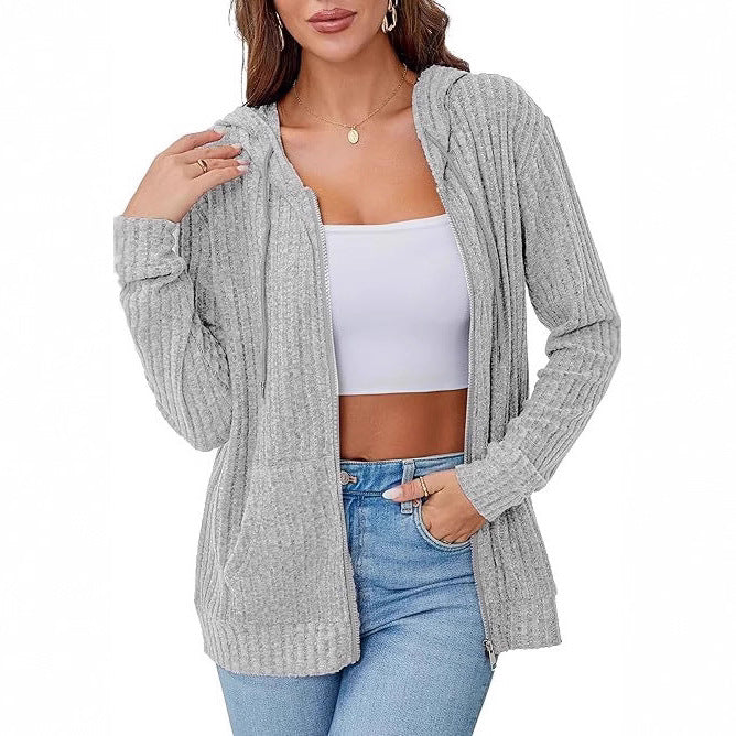 Damer ribbad långärmad zip-hoodie Mirla-Eva Jonsson