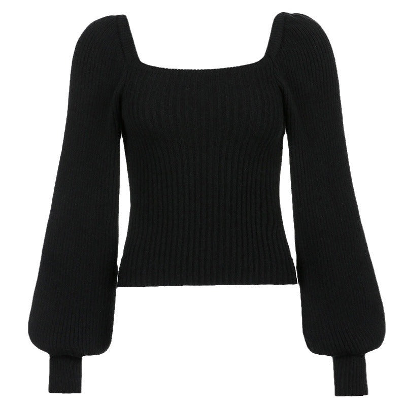 Damer ribbad stickad tröja med puffärmar Eva Jonsson-Eva Jonsson