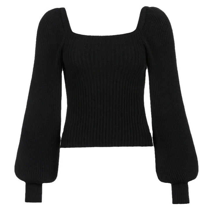 Damer ribbad stickad tröja med puffärmar Eva Jonsson-Eva Jonsson