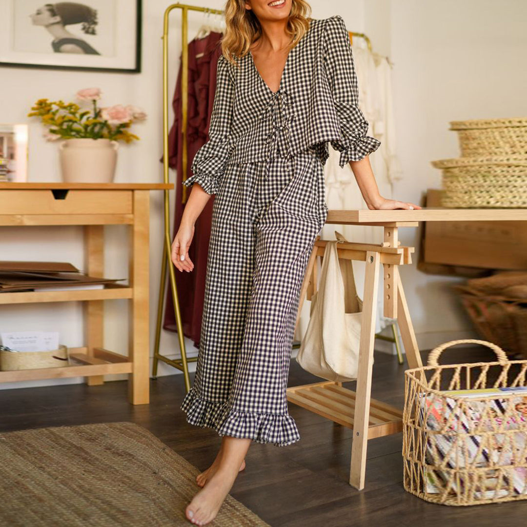 Damer rutiga pyjamas med volangdetaljer Mirla-Eva Jonsson