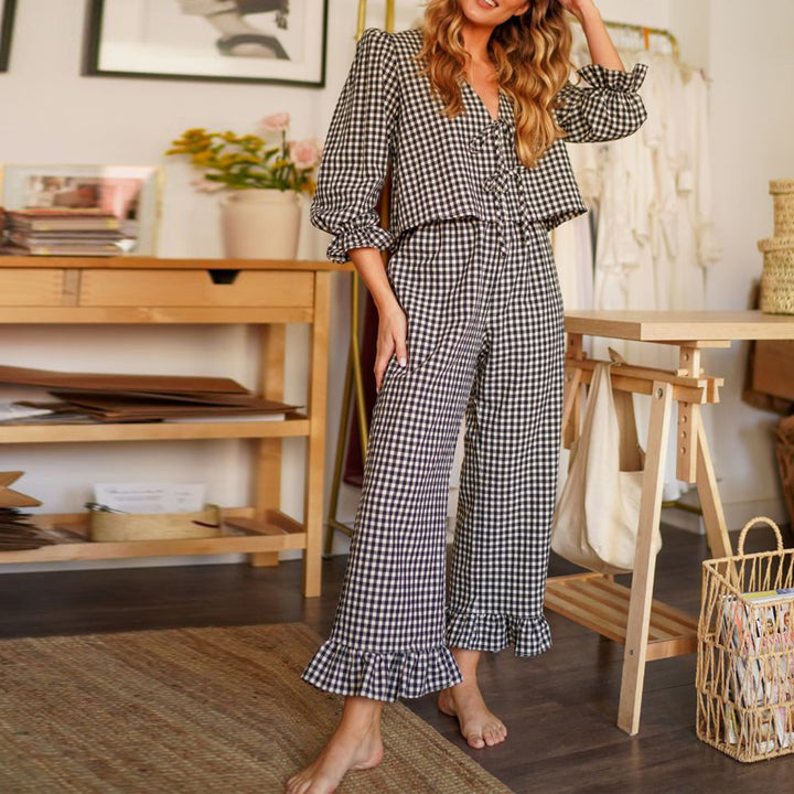 Damer rutiga pyjamas med volangdetaljer Mirla-Eva Jonsson
