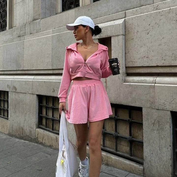 Damer sammet Cropped Hoodie och korta fritidsbyxor Set Eva Jonsson-Eva Jonsson