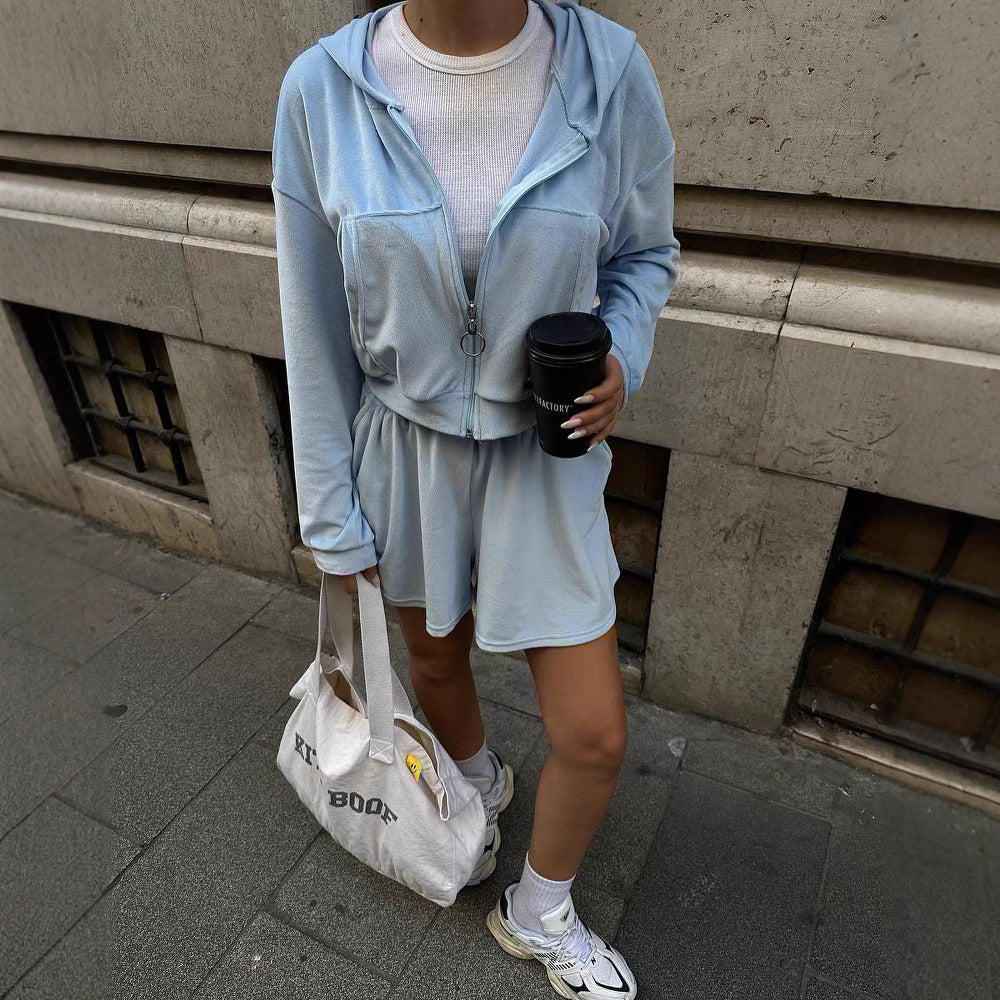 Damer sammet Cropped Hoodie och korta fritidsbyxor Set Eva Jonsson-Eva Jonsson