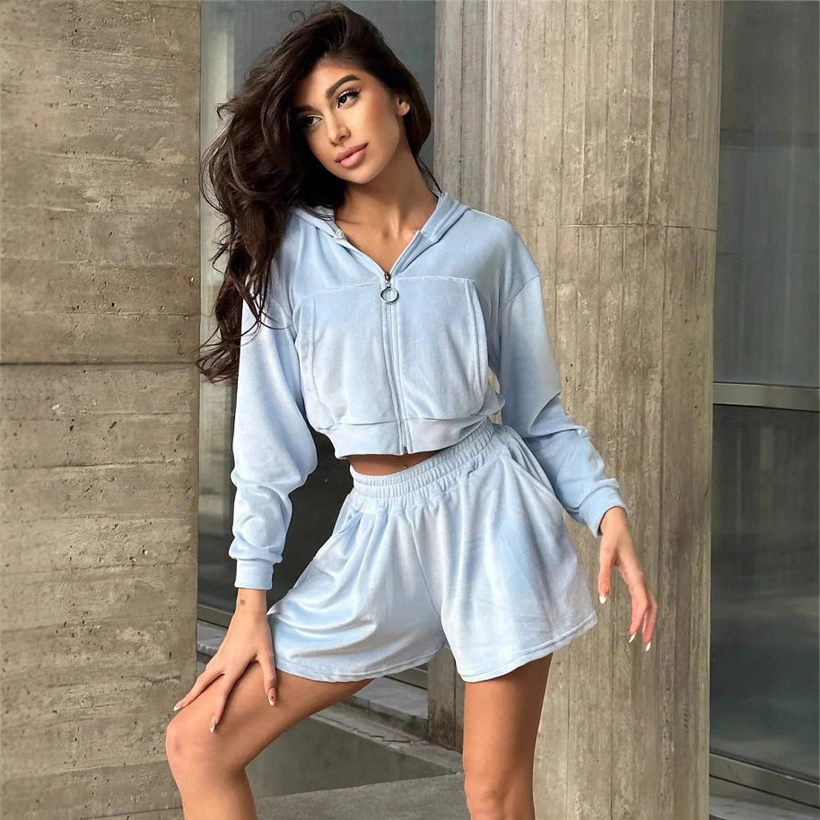 Damer sammet Cropped Hoodie och korta fritidsbyxor Set Eva Jonsson-Eva Jonsson